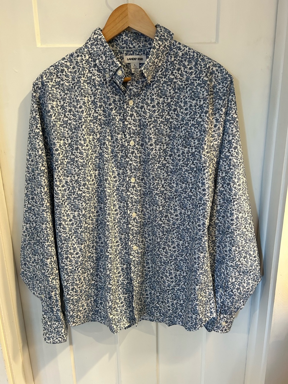 Lands' End Men's White Button-Down Shirt with Blue Floral Print